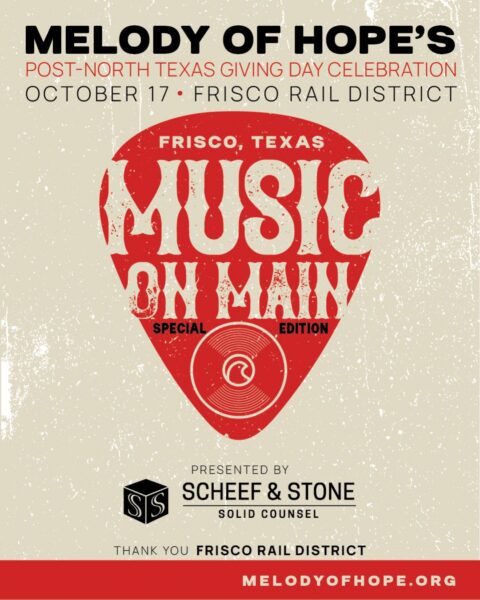 Save the date graphic for Music on Main in Downtown Frisco on October 17th presented by Melody of Hope