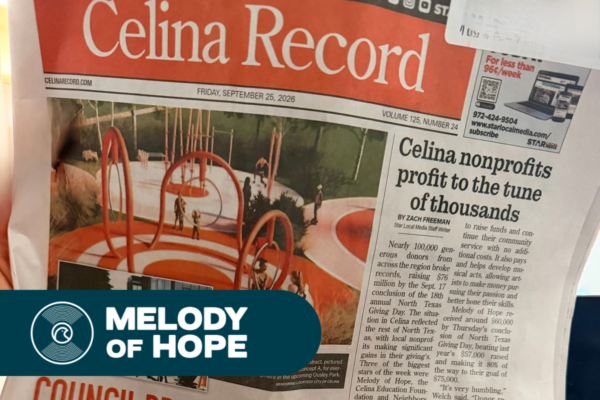A printed issue of the Celina Record newspaper open to a feature article titled "Celina nonprofits profit to the tune of thousands" featuring Melody of Hope.