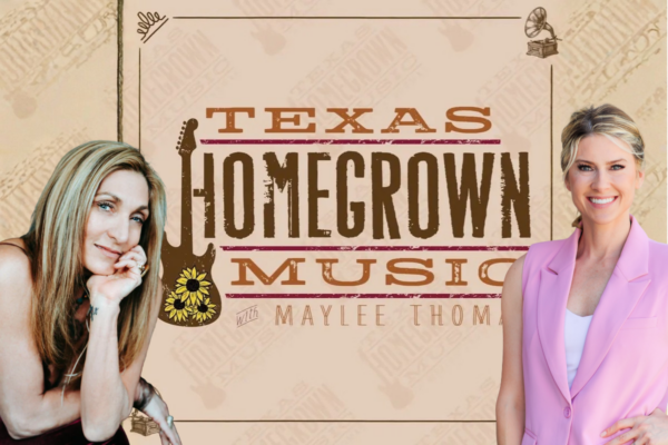 Promotional graphic for Texas Homegrown Music featuring a photo of host Maylee Thomas and guest Charlie Welch, founder of Melody of Hope, alongside the Texas Homegrown Music podcast logo.