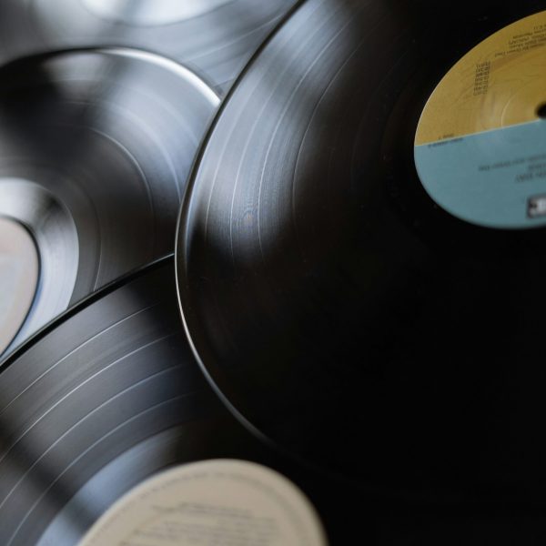 Close up of music records laying on top of each other